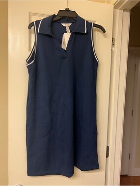 SPANX Air Essentials Airpique Timeless Navy Sleeveless Polo Dress w/White Trim
